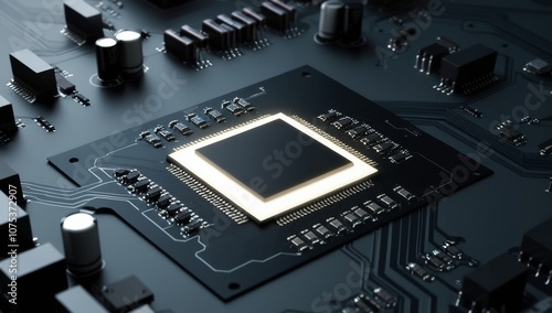 computer microchip on a black circuit board, highlighted by a glowing edge around the chip