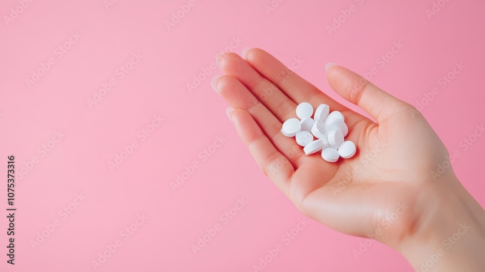 Hand Holding White Pills on Pink Background Hand Holding White Pills on Pink Background
