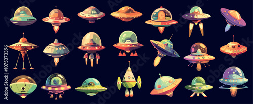 Cartoon ufo. Alien spaceship flying saucer set, space galaxy travel vehicle, futuristic science fantasy vector illustration