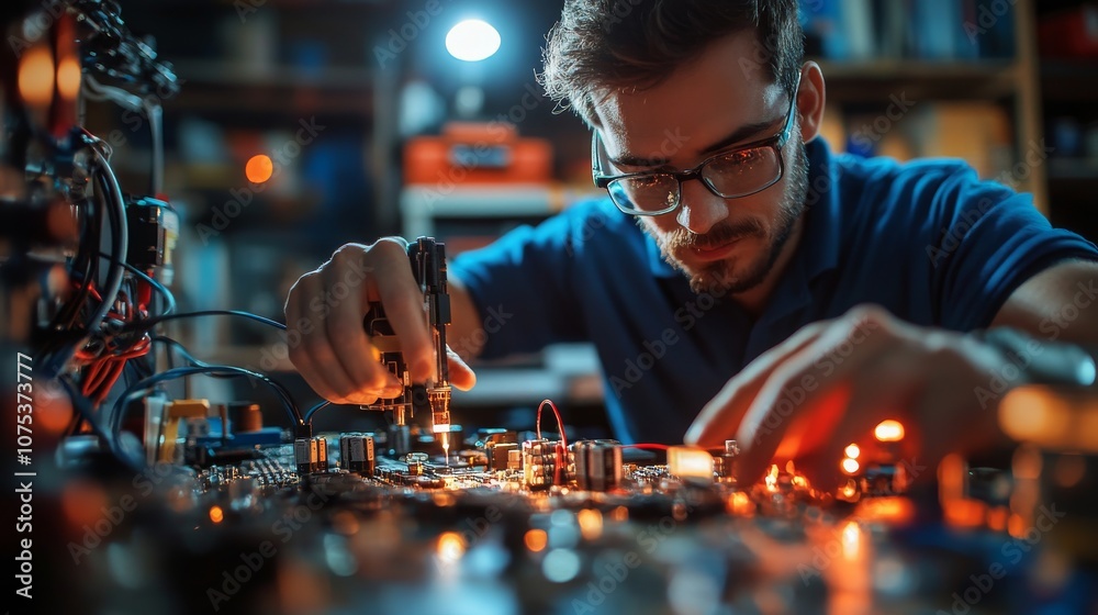 A Man Working on Electronics with a Soldering Iron A Man Working on Electronics with a Soldering Iron