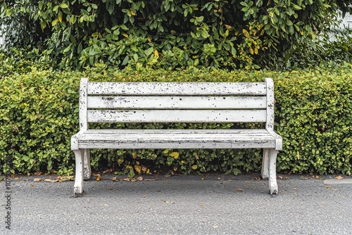 A weathered white bench in front of a lush green hedge, inviting rest and relaxation.