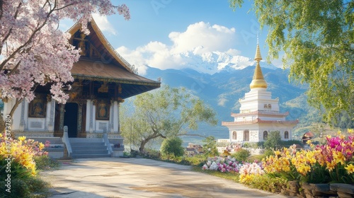 Serene Temple Landscape with Vibrant Flowers