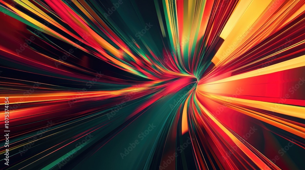 Abstract illustration featuring vibrant high speed lines and rays radiating from the center creating a warp and tunnel effect with a sense of acceleration and attraction in red and green hues Abstract illustration featuring vibrant high speed lines and rays radiating from the center creating a warp and tunnel effect with a sense of acceleration and attraction in red and green hues