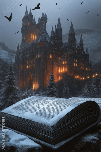 Dunkles Schloss mit magischem Buch in winterlicher Kulisse

 photo