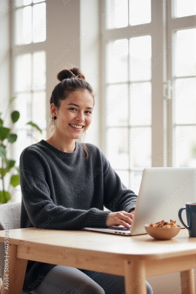Smiling Young Woman Working on Laptop in Cozy Home Office Smiling Young Woman Working on Laptop in Cozy Home Office