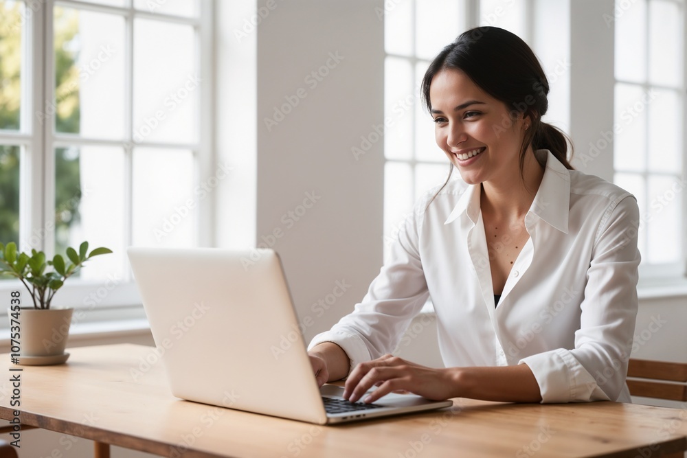 Smiling Woman Working on Laptop at Sunlit Home Office Desk Smiling Woman Working on Laptop at Sunlit Home Office Desk
