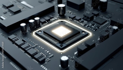 computer microchip on a black circuit board, highlighted by a glowing edge around the chip