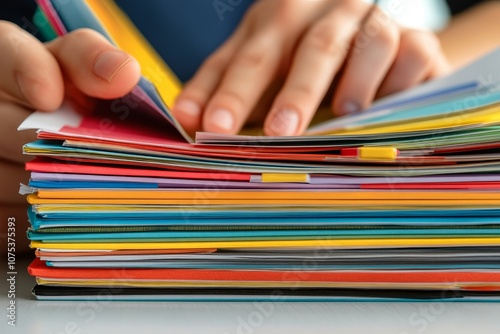 Organizing colorful files at a desk, showcasing careful sorting and attention to detail during a busy workday photo