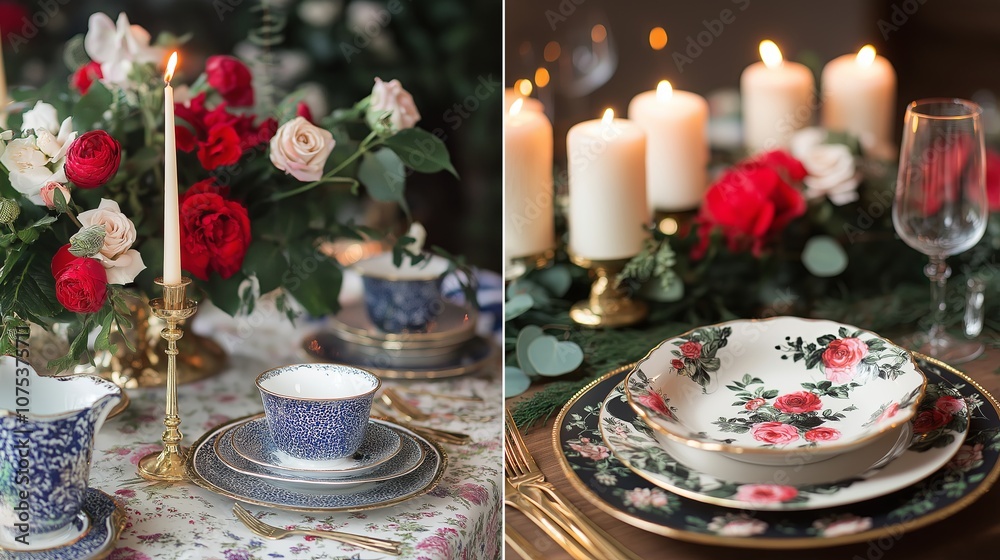 Eclectic Table Setting with Hand-Painted Dishes and Candles Eclectic Table Setting with Hand-Painted Dishes and Candles