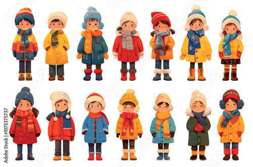 Cartoon winter kids. Boys girls children in warm clothes coats pants boots hats set vector illustration