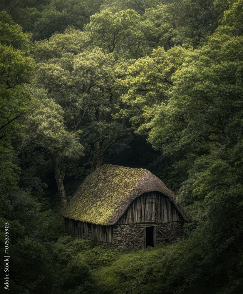 Fototapeta premium Charming Rustic Cabin Nestled Among Lush Greenery: A Tranquil Forest Retreat