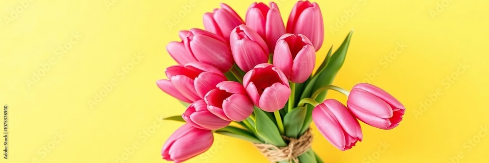 A cluster of vibrant pink tulips tied together with twine in a casual, organic shape against a bold and bright background, loose bouquet, garden, floral arrangement A cluster of vibrant pink tulips tied together with twine in a casual, organic shape against a bold and bright background, loose bouquet, garden, floral arrangement