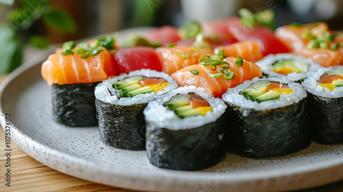 Wallpaper Mural Assorted sushi rolls with salmon and tuna toppings on ceramic plate Torontodigital.ca