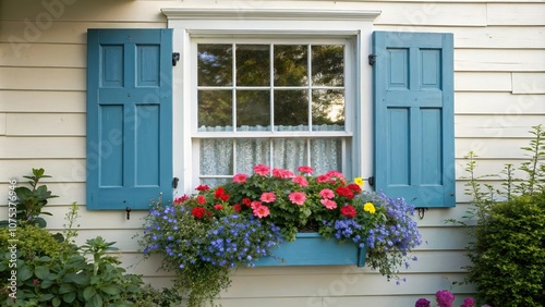 A charming window with blue shutters and a vibrant flower box on the sill of a cozy suburban home, exterior decoration, flower box, outdoor decor, plants in window, blue shutter window