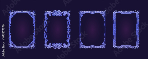 Set of stylized frames with winter pattern. Holiday season frame A4 format. Ice frame decorated with engraved pattern, snow, snowflakes. Template of elegant frame for celebration, Christmas, New Year.