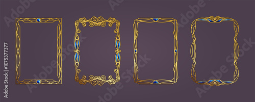 Set of gold frames decorated with jewelry stones. Frame template A4 format, engraved elegant gold frame with a pattern ornament. Smooth refined lines, boho, luxury style, celebration, wedding.