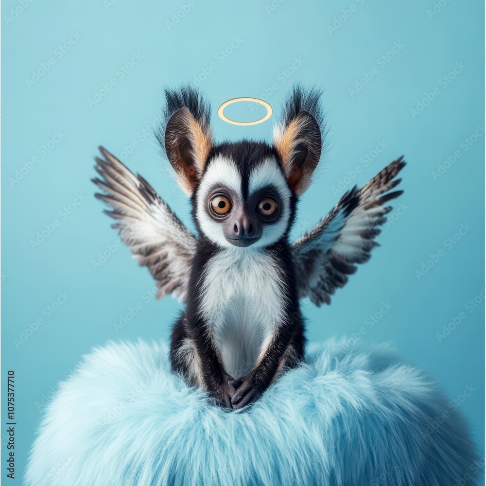 a small animal with wings and angel wings sitting on a blue fur ball a small animal with wings and angel wings sitting on a blue fur ball