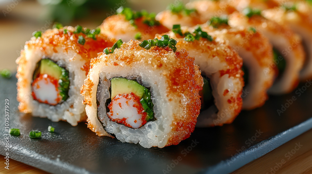 Close-up of crispy california rolls with avocado and crab on black plate Close-up of crispy california rolls with avocado and crab on black plate