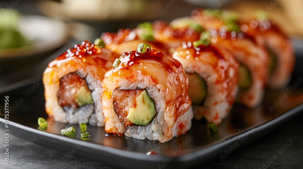 Close-up of delicious sushi rolls with sauce and avocado on black plate Close-up of delicious sushi rolls with sauce and avocado on black plate
