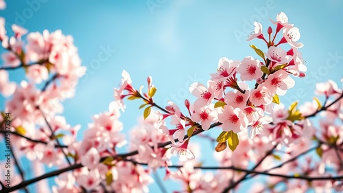 Softly glowing spring cherry blossoms unfurl from branches against a brilliant turquoise sky as the morning dew glistens on the leaves, morning dew, spring cherry blossoms, floral arrangements