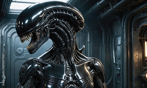 A black Xenomorph alien stands in a dark, metallic corridor, its sharp teeth bared in a menacing grin