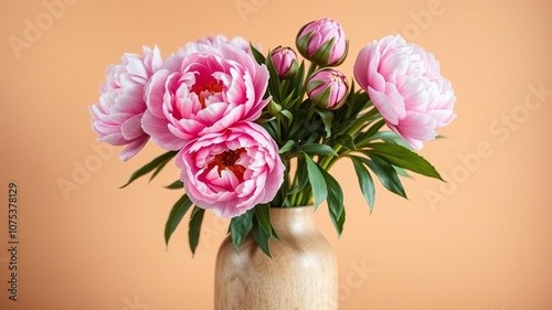 A grouping of pink peonies in different stages of bloom in a distressed wood vase against a warm beige background, vintagecharm, naturalelements, wildflowerinspired photo