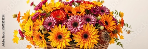A vibrant bouquet of autumn flowers in a wicker basket, organic, bouquet, rustic