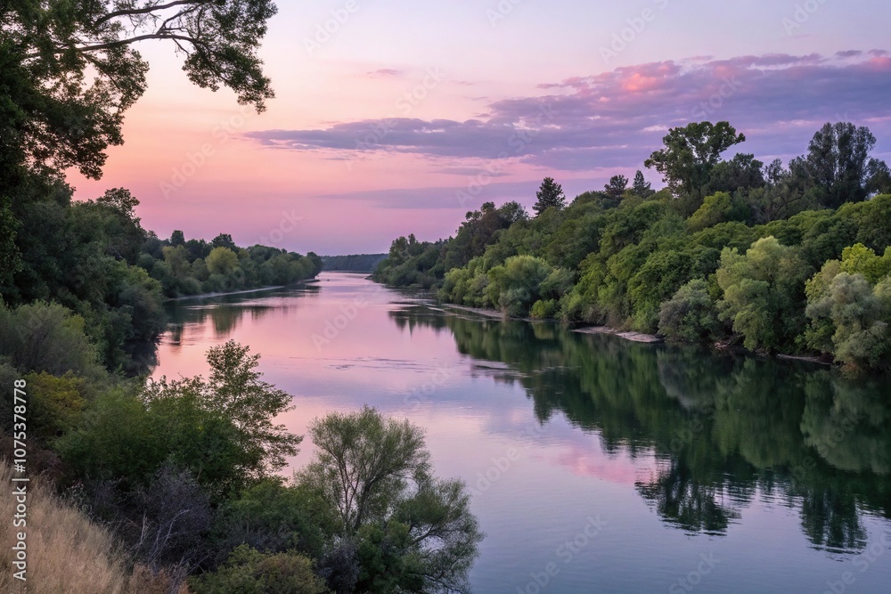 Fototapeta premium Lush greenery and tranquil water of the Sacramento River at dusk, atmospheric, golden hour, scenic, dusk