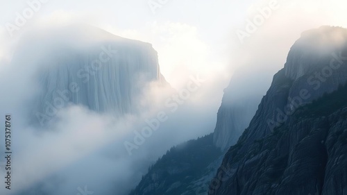 Majestic granite monolith in misty morning light, Half Dome, dawn photo