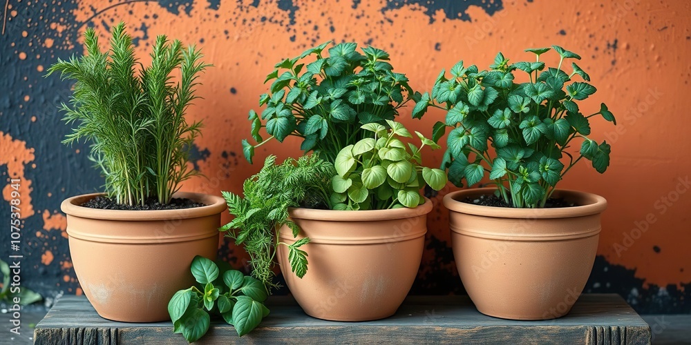 Set of three terracotta pots filled with different types of herbs placed on a rustic orange and black wall, nature-inspired, botanical Set of three terracotta pots filled with different types of herbs placed on a rustic orange and black wall, nature-inspired, botanical
