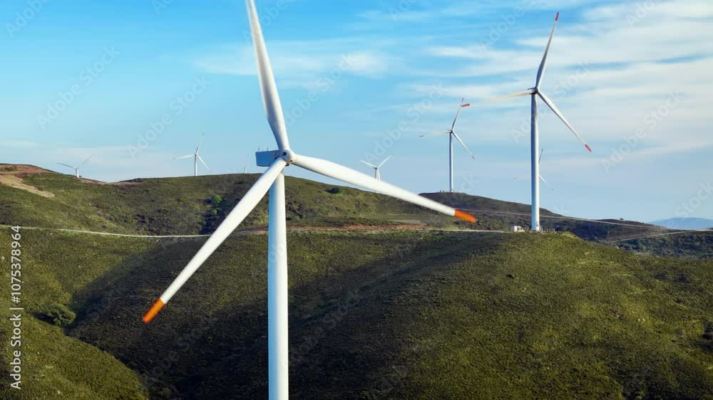 Wind turbines on green hills from above, shift to clean energy and alternative sources with zero emissions Wind turbines on green hills from above, shift to clean energy and alternative sources with zero emissions