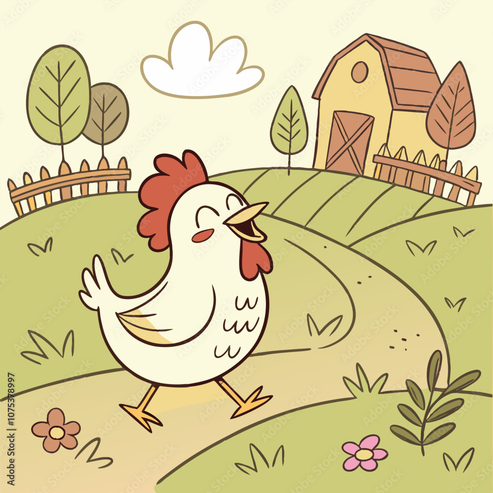 A cheerful cartoon chicken strolling through a farm scene, with a red comb and a happy expression, this illustration is perfect for children's books, farm-themed designs. A cheerful cartoon chicken strolling through a farm scene, with a red comb and a happy expression, this illustration is perfect for children's books, farm-themed designs.