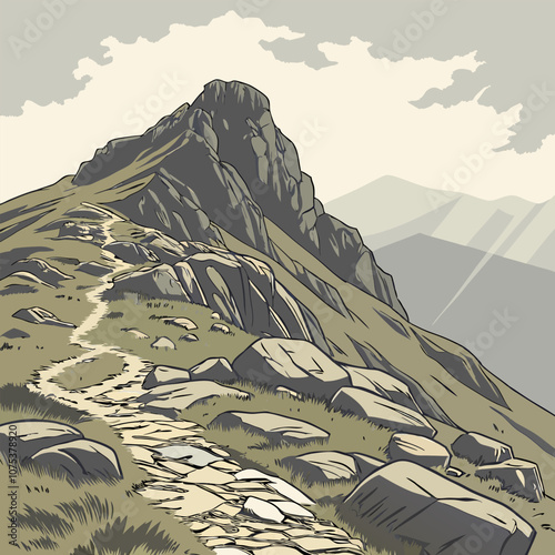 A picturesque mountain trail winding its way up a rocky slope, showcasing the rugged beauty of nature. The path leads to a breathtaking vista, offering a sense of adventure and exploration.