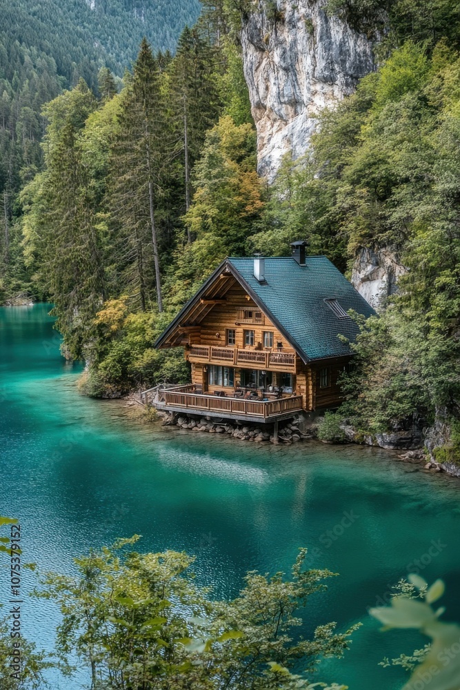 Fototapeta premium Enchanting Wooden Cabin Retreat by a Tranquil Lake Surrounded by Lush Greenery and Majestic Mountains