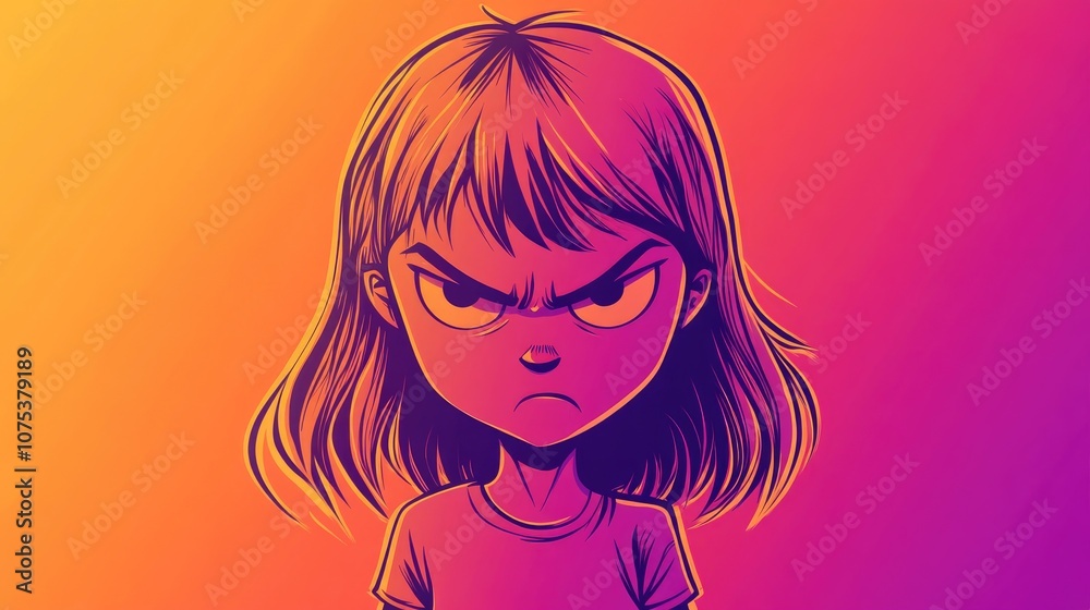 Line art illustration featuring a warm gradient of a cartoon girl expressing anger Line art illustration featuring a warm gradient of a cartoon girl expressing anger