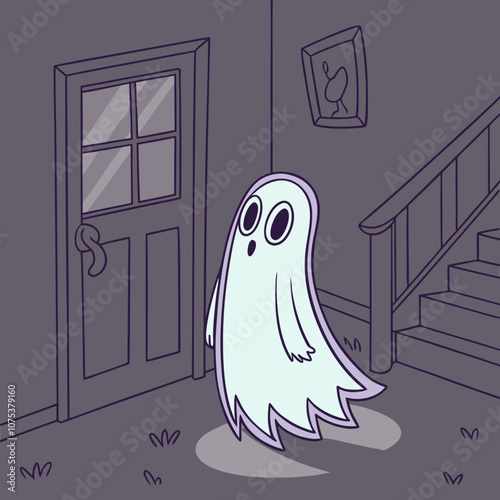 A friendly ghost with big eyes stands in front of a closed door, seemingly surprised. This illustration, perfect for Halloween designs, brings a touch of whimsical humor to spooky season.