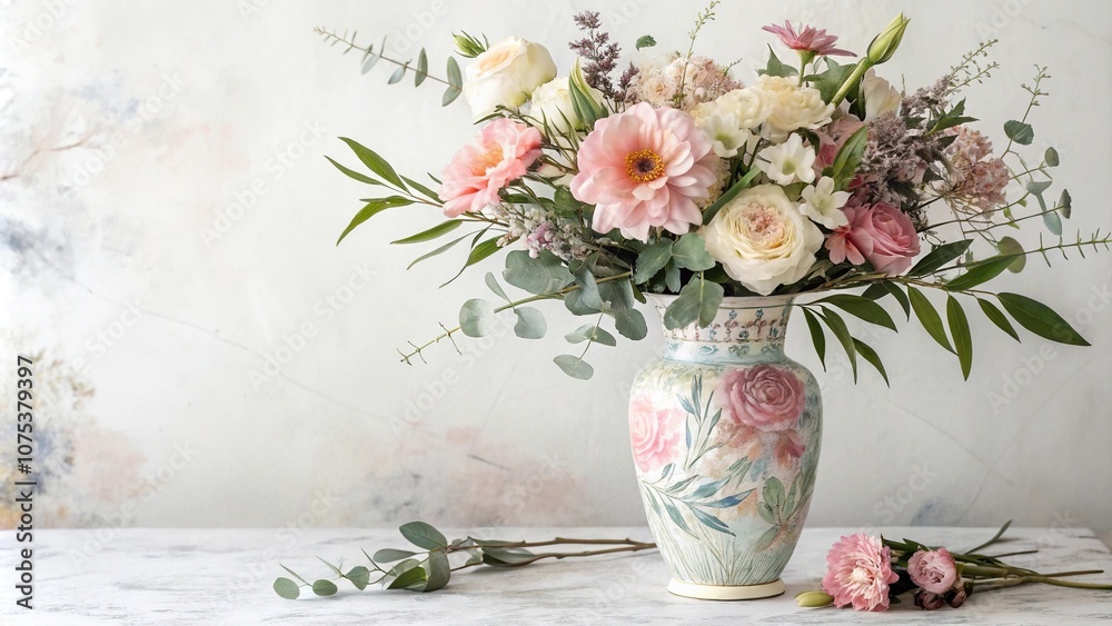 Abstract watercolor flowers in a delicate vase with intricate foliage and soft colors, spring inspiration, vases Abstract watercolor flowers in a delicate vase with intricate foliage and soft colors, spring inspiration, vases