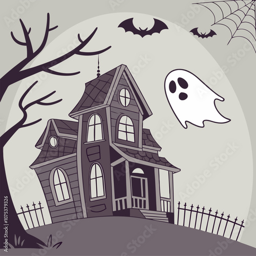 A spooky haunted house with a ghost, bats, and a spider web, perfect for Halloween decorations, greeting cards, or spooky themed projects.