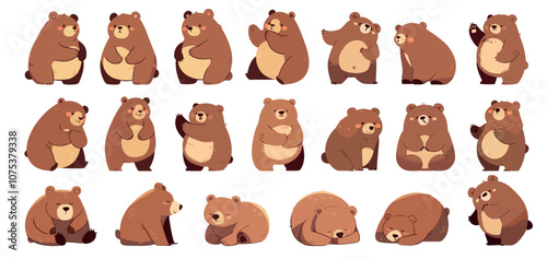 Cute flat bear. Cartoon forest wild animal in different poses, fluffy baby bear mascot set vector illustration