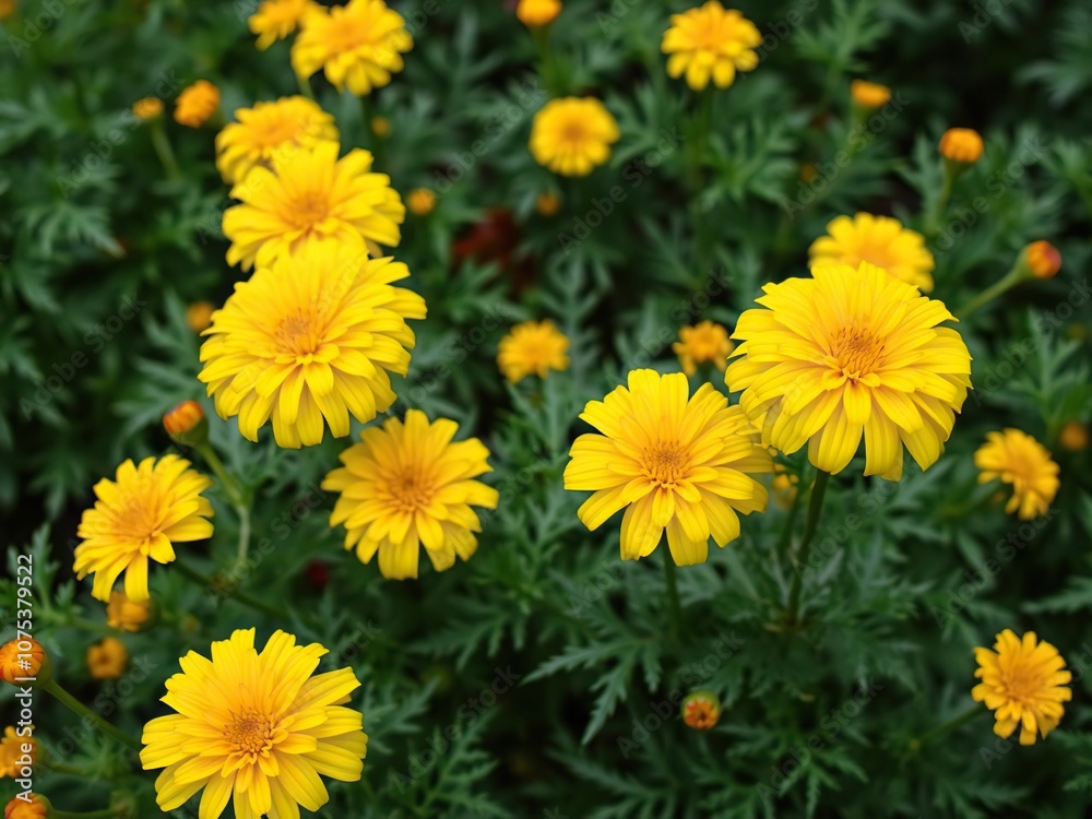 Bright yellow marigolds in a lush garden bed, blooms, daisy like Bright yellow marigolds in a lush garden bed, blooms, daisy like