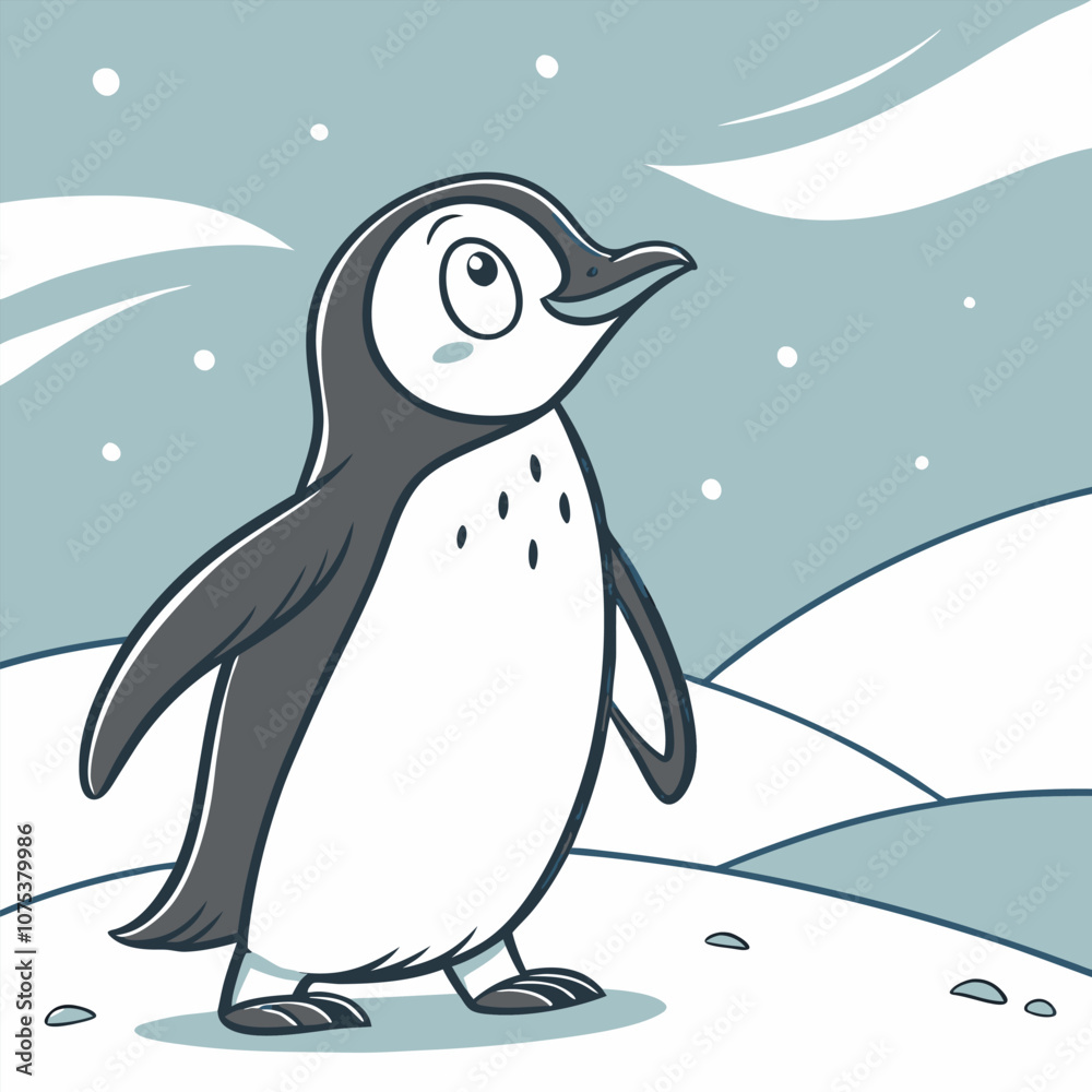 Obraz premium A charming illustration of a penguin standing on snow, looking up at the sky with a cheerful expression. Perfect for adding a touch of cuteness and wintery charm to your designs.