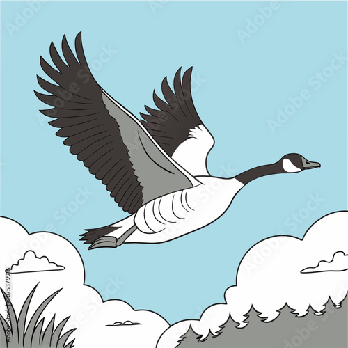 A simple yet elegant illustration of a Canadian goose in flight against a blue sky with white clouds. This image is perfect for nature-themed projects, children's books.
