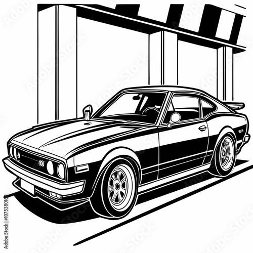 Black and white illustration of a classic muscle car. The car is depicted in a stylish pose, showcasing its sleek lines and powerful stance.