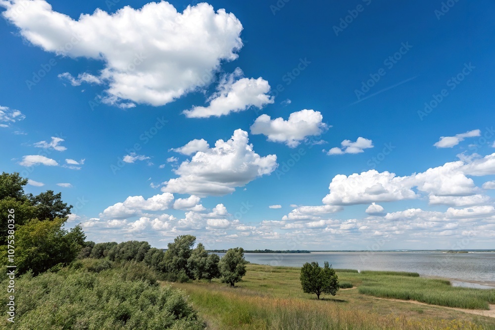 A serene landscape with a clear blue sky and white clouds drifting lazily across the horizon, sunny day, fluffy clouds, nature scene, landscape A serene landscape with a clear blue sky and white clouds drifting lazily across the horizon, sunny day, fluffy clouds, nature scene, landscape