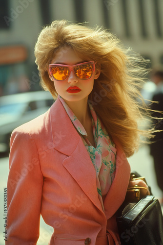 Stilvolle Frau in Sonnenbrille vor belebter Stadtkulisse

 photo