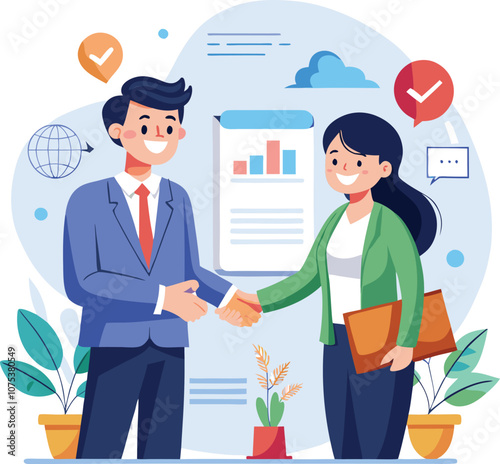 People shaking hands at work - Two businesspeople, man and woman doing handshake in office at work while smiling over business agreement and deal. Flat design stock illustration on white background