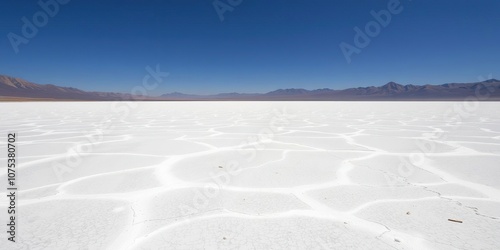 Extreme dry lake surface with white salt crystals forming a vast expanse in the valley of Death Valley National Park, desert landscape, salt deposits