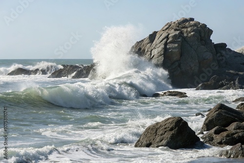 Elegant grey fluid waves on a rock formation, oceanic landscapes, weathered textures, wave erosion