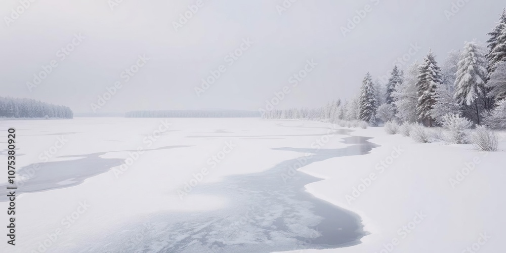 Serene snowy landscape with a frozen lake and snow-covered trees, snowflake, icy landscape Serene snowy landscape with a frozen lake and snow-covered trees, snowflake, icy landscape