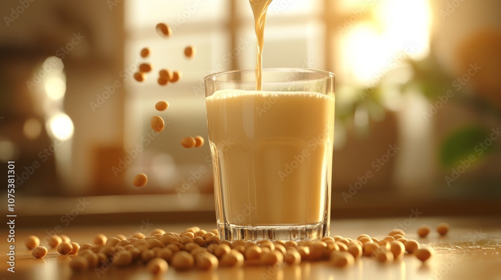 Soy Milk Pouring Into Glass with Soybeans Scattered on Table Soy Milk Pouring Into Glass with Soybeans Scattered on Table